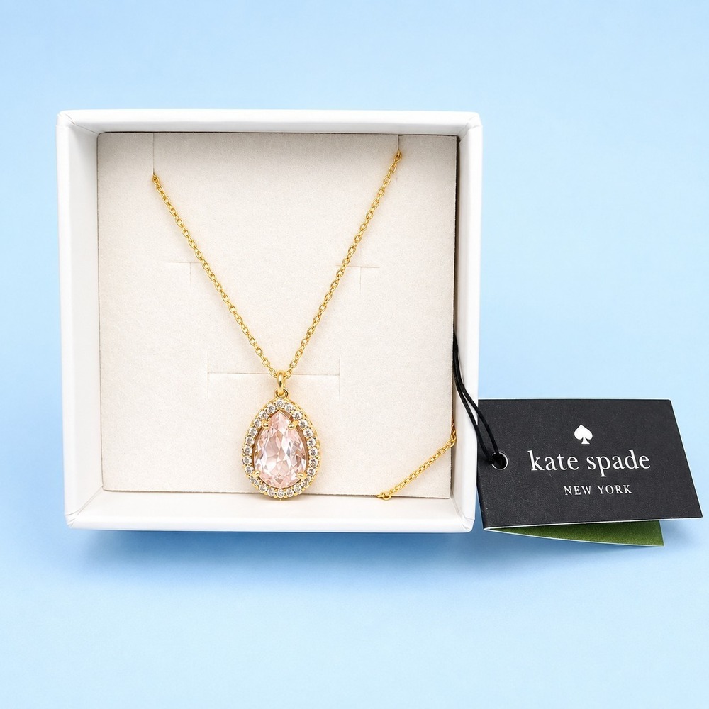 Kate Spade NY Gold Tone Pink Crystal Teardrop Pendant Necklace NWT -3414